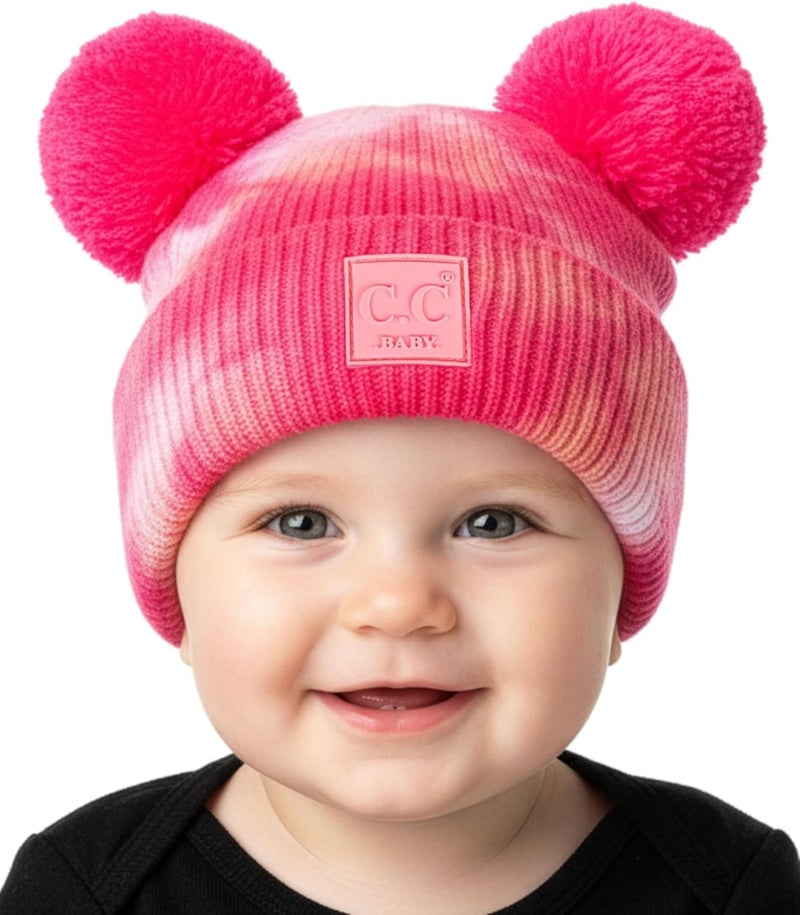 Funky Junque Double Pom Pom Baby Beanie – Newborn Girl Winter Hat 0–12 Months, Cute Cozy Knit Infant Beanies for Cold Weather - Image 1